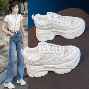 厚底增高老爹鞋女款2025春夏季新款透氣百搭網面小白休閒運動鞋子