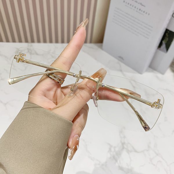 新款金屬無框太陽眼鏡歐美潮流眼鏡字母F鑲鑽方形框時尚墨鏡女：圖片 9