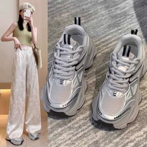 銀色老爹鞋女2025新款春季秋季網面透氣增高厚底輕便休閒運動小白鞋