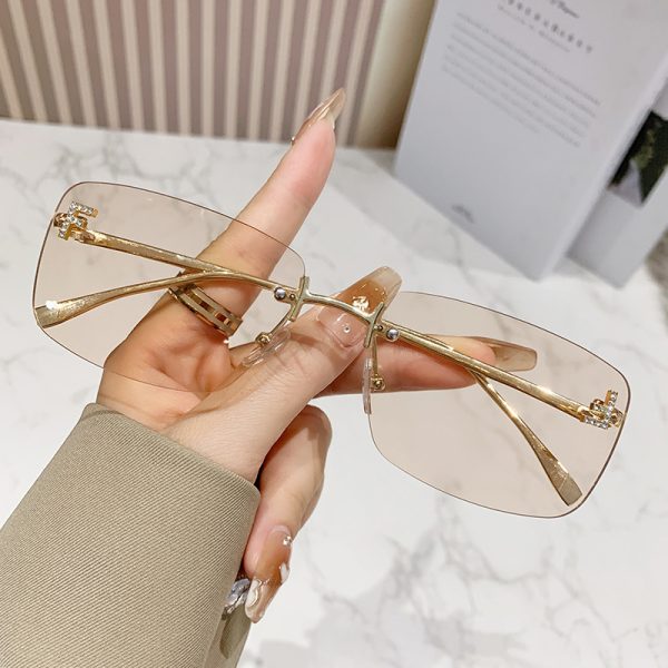 新款金屬無框太陽眼鏡歐美潮流眼鏡字母F鑲鑽方形框時尚墨鏡女：圖片 6