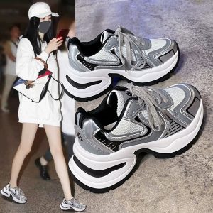 銀色老爹鞋子女2025春季新款百搭網面透氣厚底增高爆款休閒運動鞋