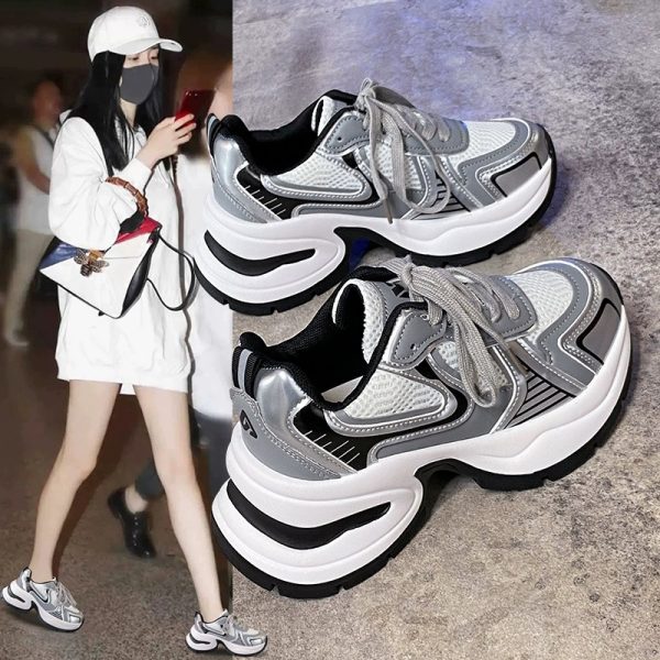 銀色老爹鞋子女2025春季新款百搭網面透氣厚底增高爆款休閒運動鞋