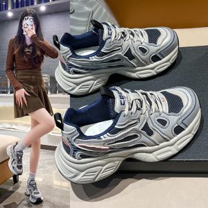 復古厚底增高老爹鞋女2025春夏季新款網面透氣顯腳小休閒運動鞋子