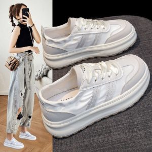 爆款小白鞋女2025春季新款網面透氣銀色學生厚底增高休閒運動板鞋