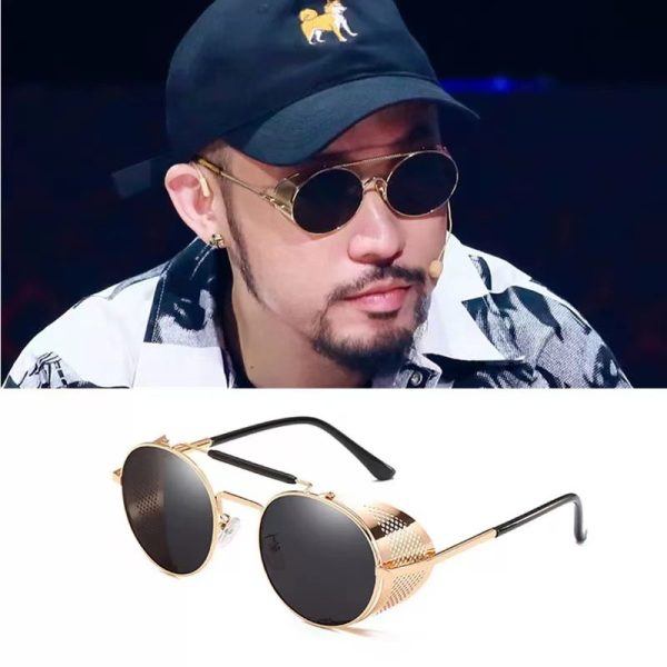 新款金屬蒸氣龐克太陽眼鏡男復古圓框眼鏡個性網狀翻蓋擋風墨鏡