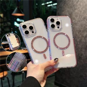 適用蘋果16e手機殼簡約透明磁吸殼iPhone15pro閃粉紅克力4防摔套