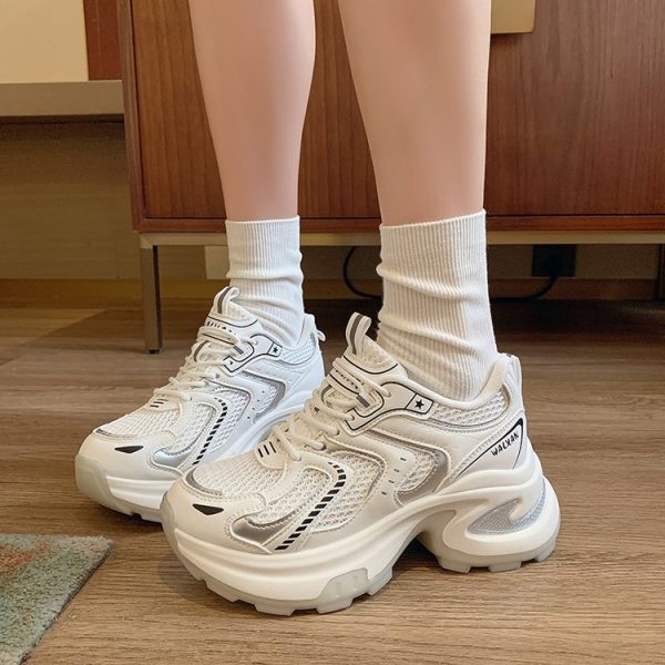 老爹鞋女鞋2025春秋季新款ins潮銀色厚底網面透氣輕便休閒運動鞋：圖片 4